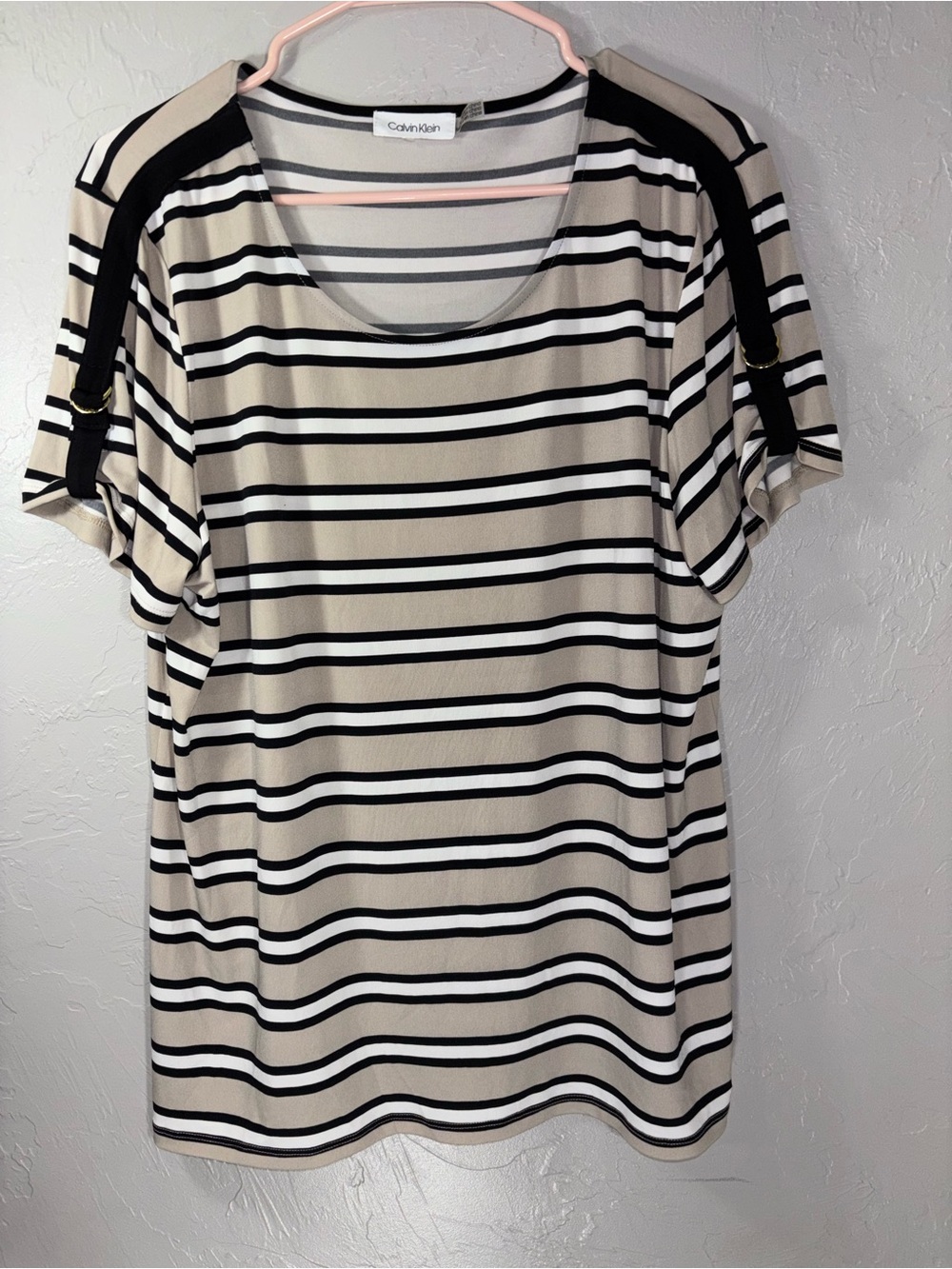 Calvin Klein Beige Black and White Striped Short Sleeve Tee with Shoulder Tabs